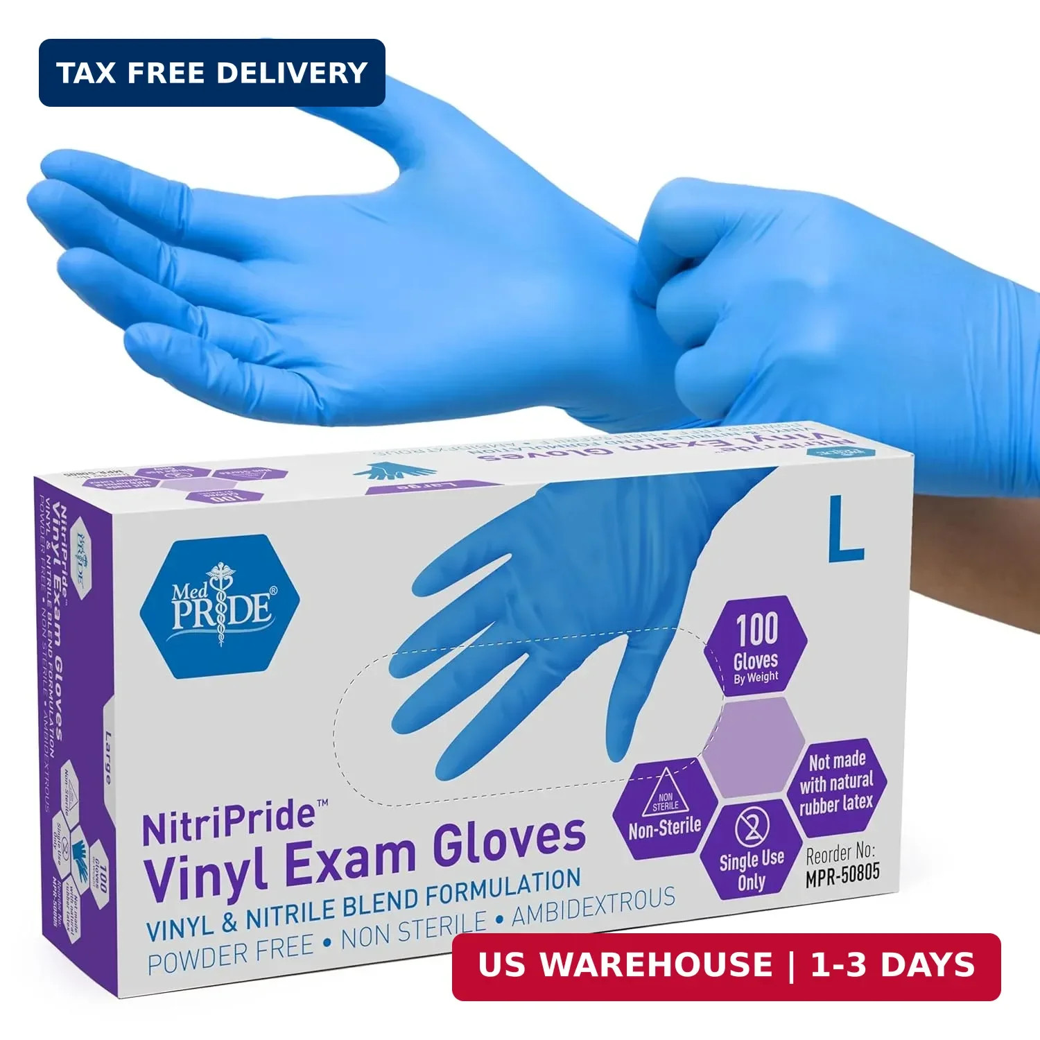 MED PRIDE Nitrile/Vinyl Blend Exam Gloves, Powder-Free, Latex-Free, Disposable,