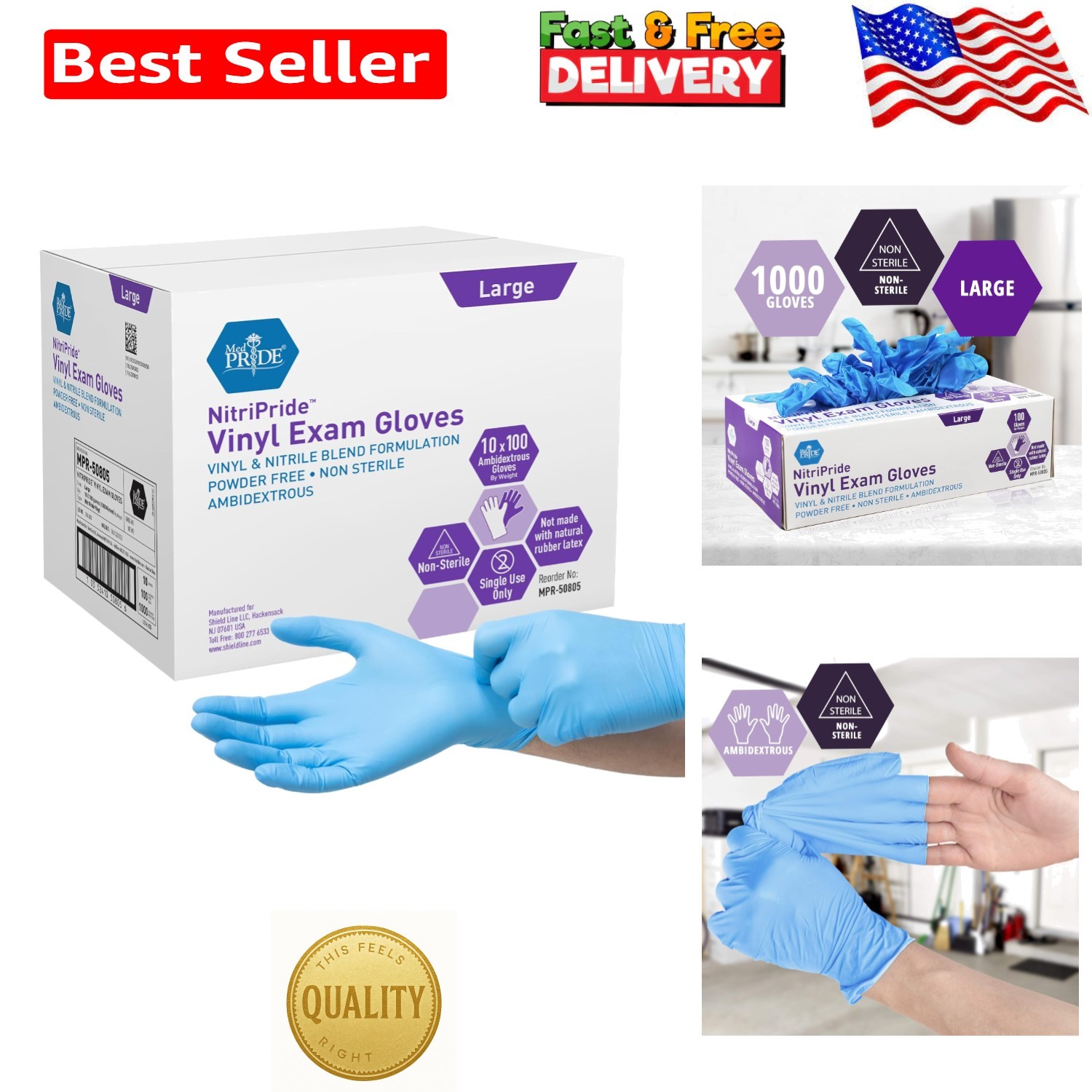 Blue Nitrile/Vinyl Blend Exam Gloves – Powder-Free, Latex-Free, Large (1000 P…