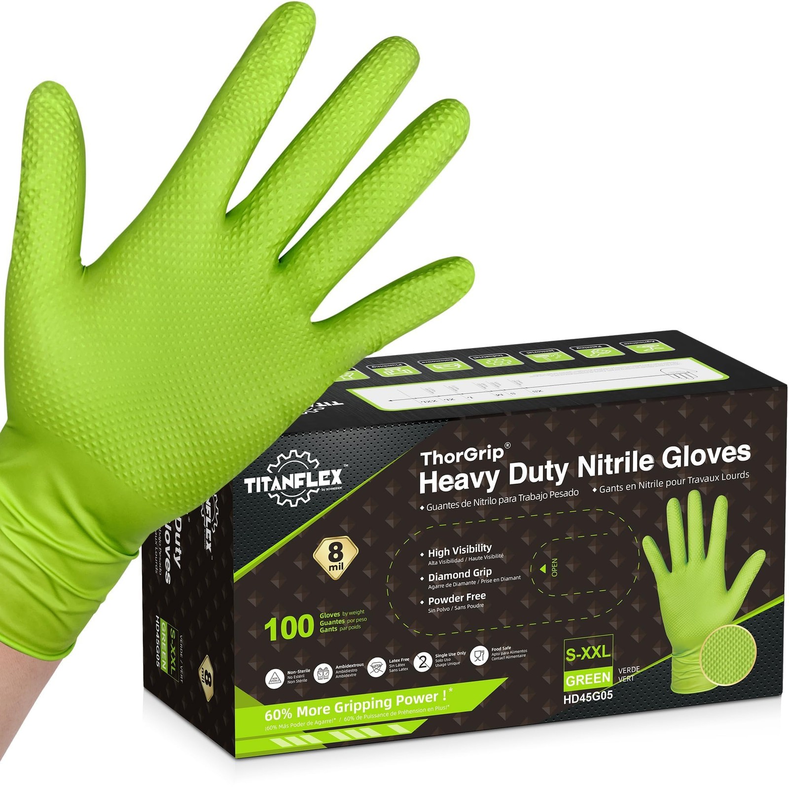 Heavy Duty Green Industrial Nitrile Gloves, 8-mil, Large, Box of 100, Latex F…