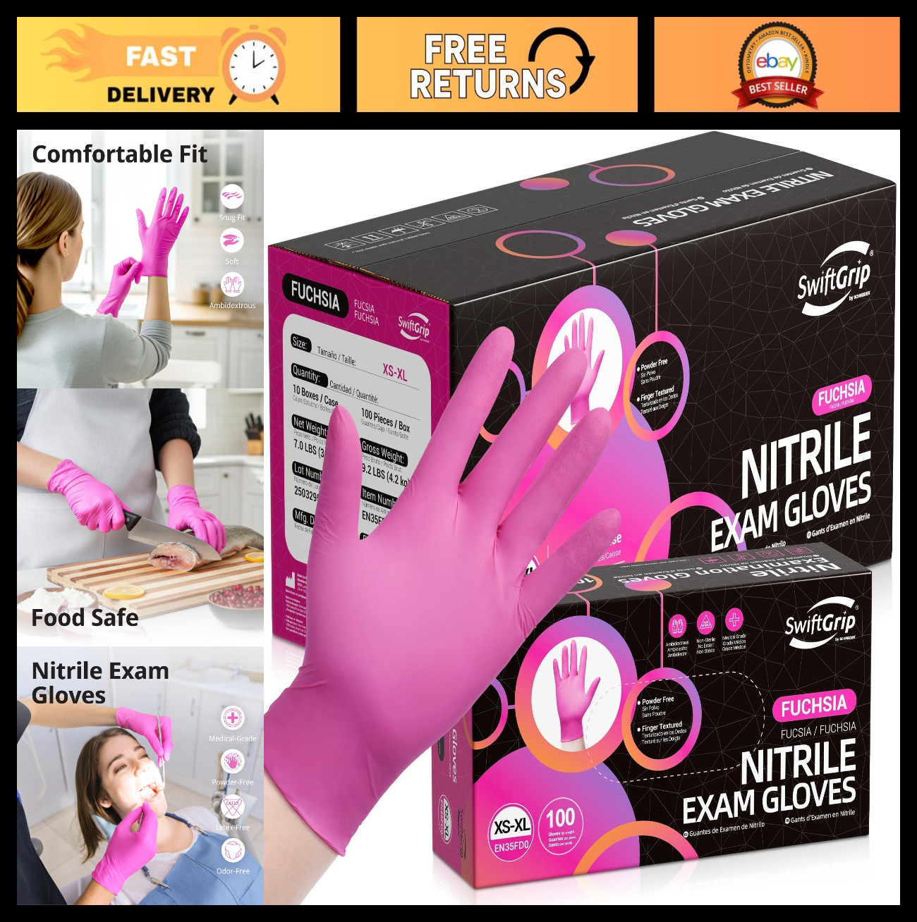 Disposable Powder-Free Nitrile Gloves, 3-Mil, Latex-Free, Pink/Fuchsia – 100 Pac