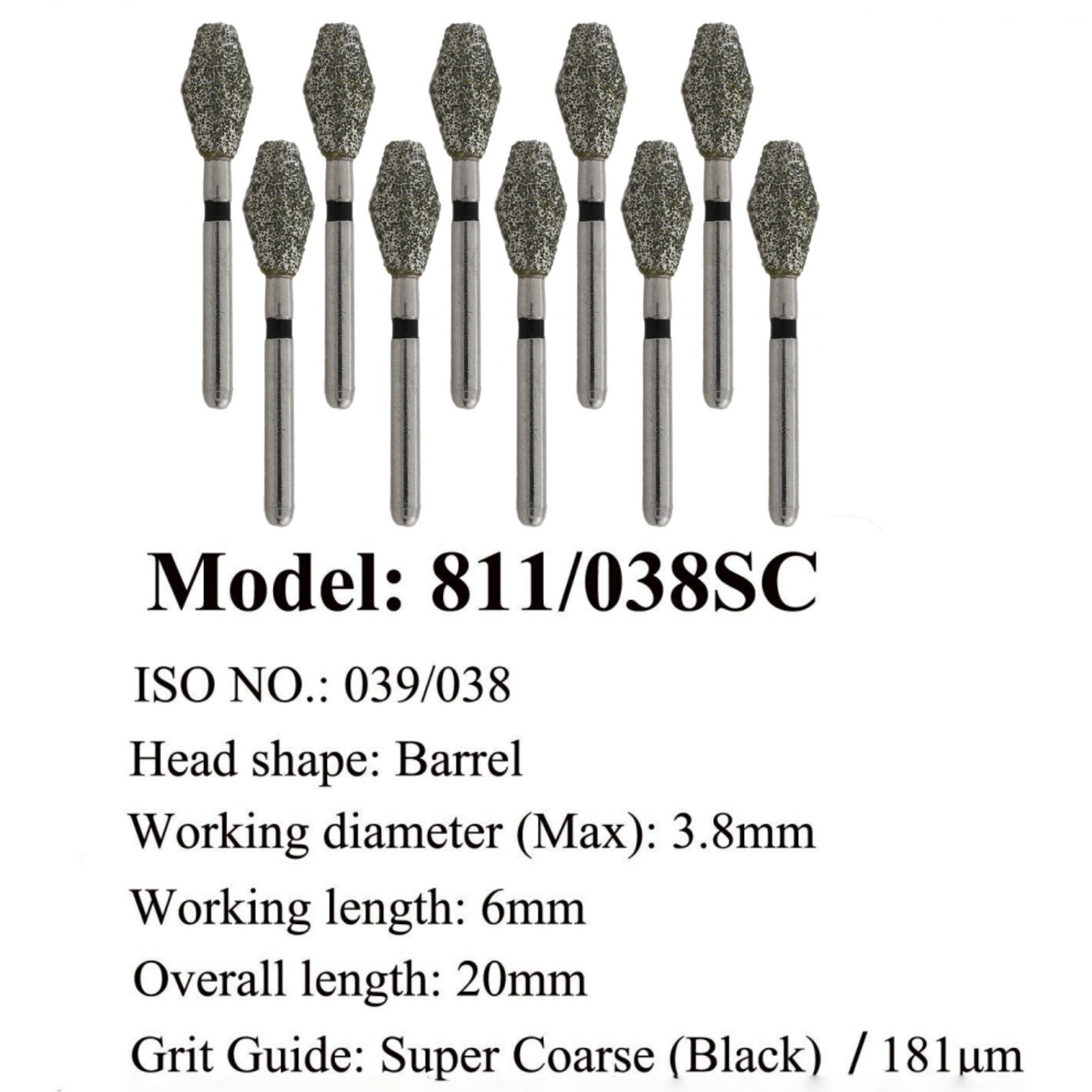 10Pcs Dental Diamond Burs Barrel 811/038SC Super Coarse FG 1.6mm High Speed Bur