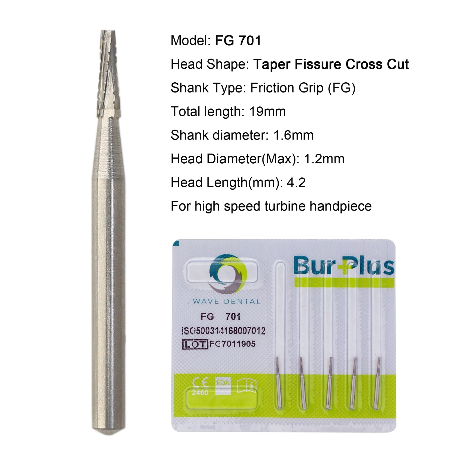 Wave Dental Burs FG 701 701L Taper Fissure Carbide High Speed Handpiece Bur