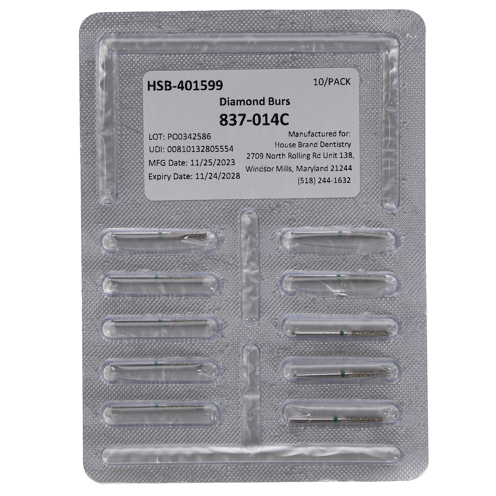 House Brand Dentistry 401599 FG 837-014C Flat Cylinder Coarse Diamond Burs 10/Pk
