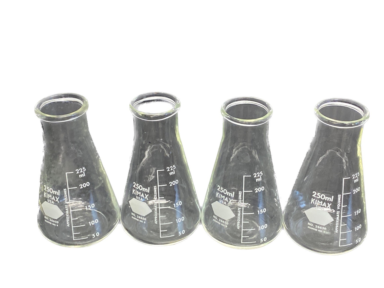 (4) KIMAX Glass 250mL Graduated Wide Mouth Erlenmeyer Flasks 26650-250