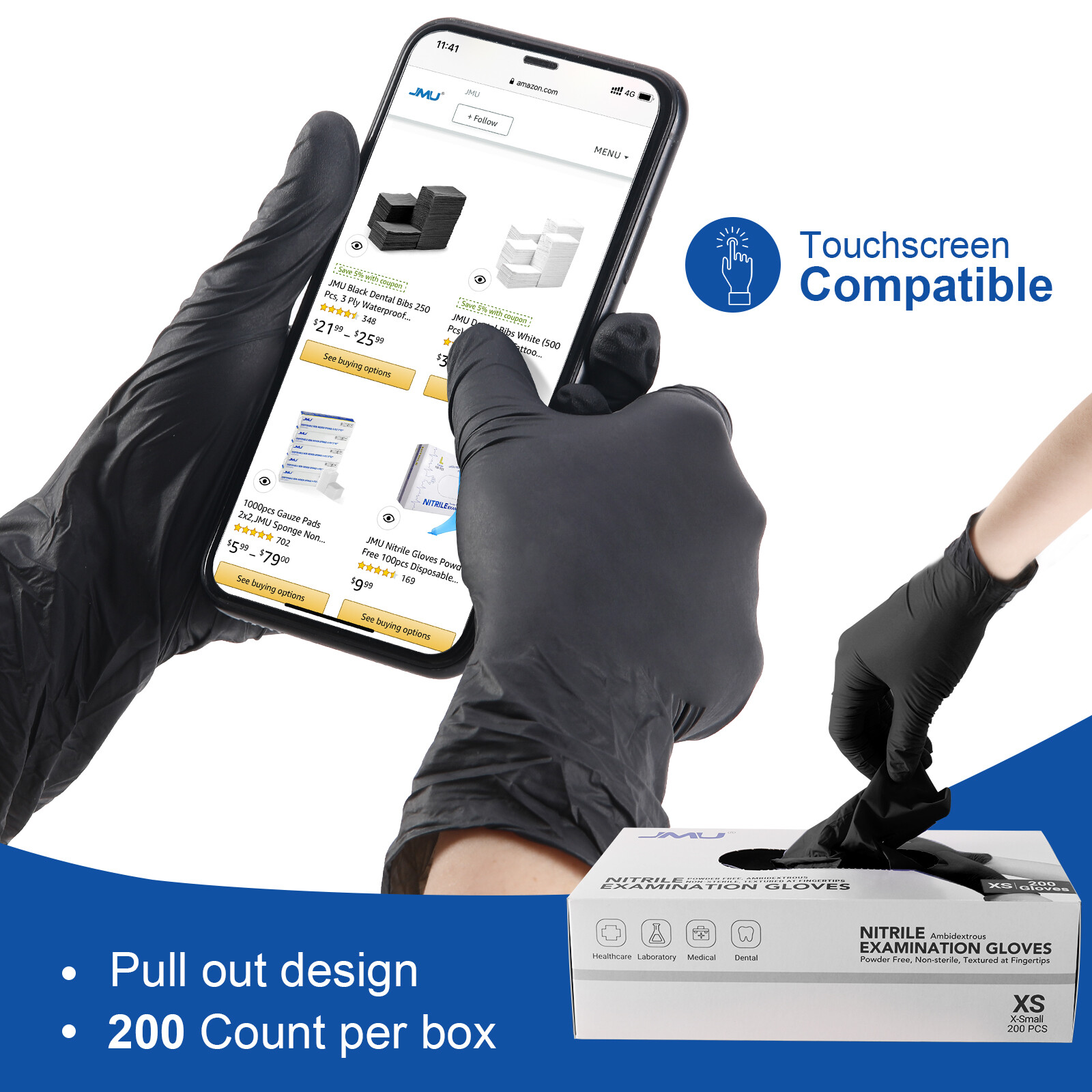 1200/Case JMU Nitrile Gloves BLACK Medical Exam Gloves 3.5 Mil（XS/S/M/L/XL）