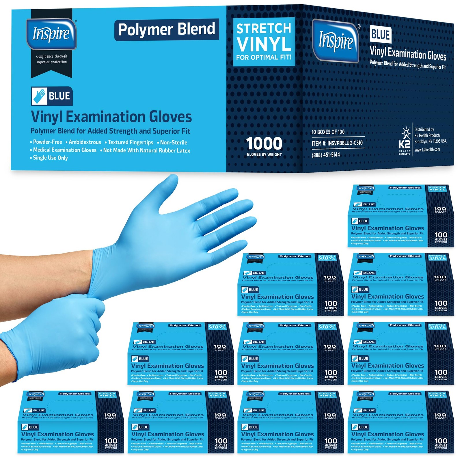 Inspire Nitrile Vinyl Blend Disposable Gloves, Blue, Large, 1000 Count