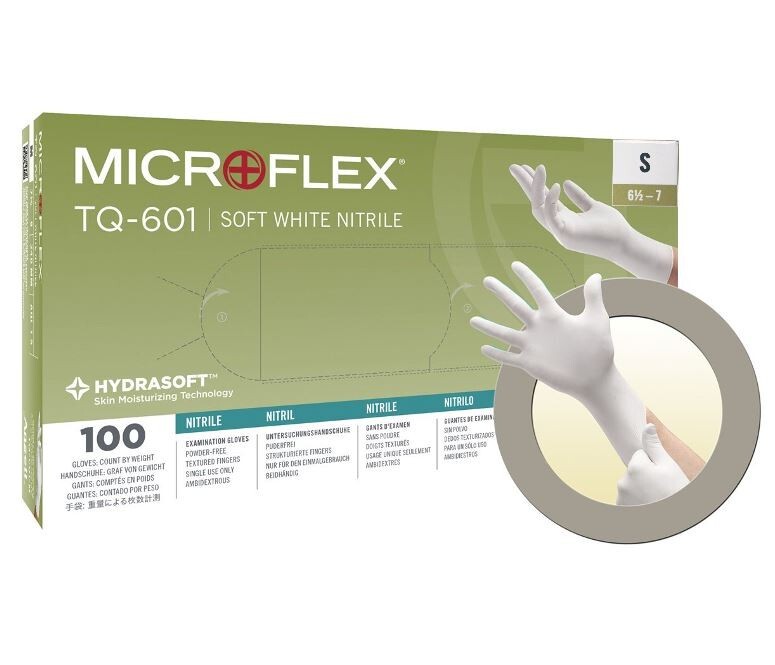 *1,000-Gloves* MicroFlex Soft White PF Hydrasoft Nitrile Exam Small TQ-601-S