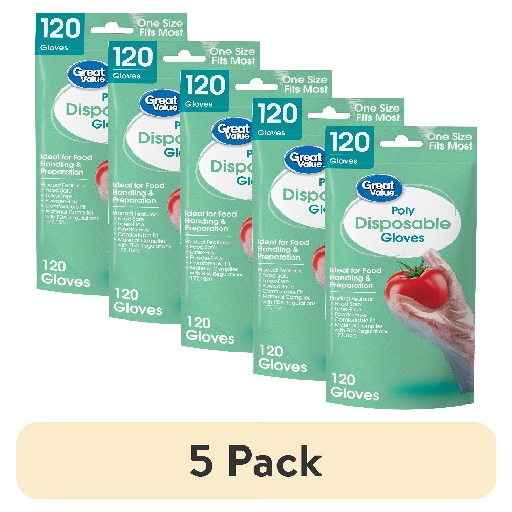 (5 pack) Disposable Poly Food Gloves, 120-Count, Latex-Free, One Size Fits Most