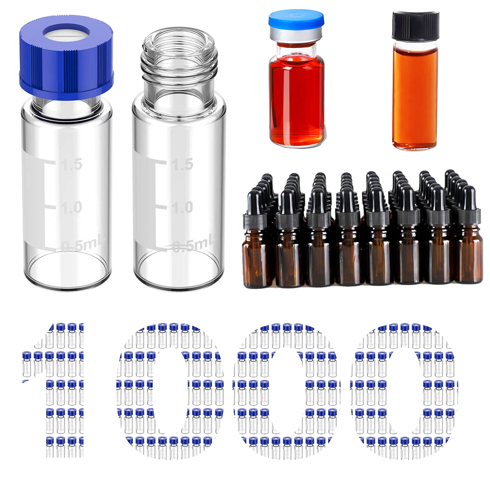 1000Pcs 2ml Autosampler Vials + 4ml/10ml Clear Glass Vials+Amber Dropper Bottles