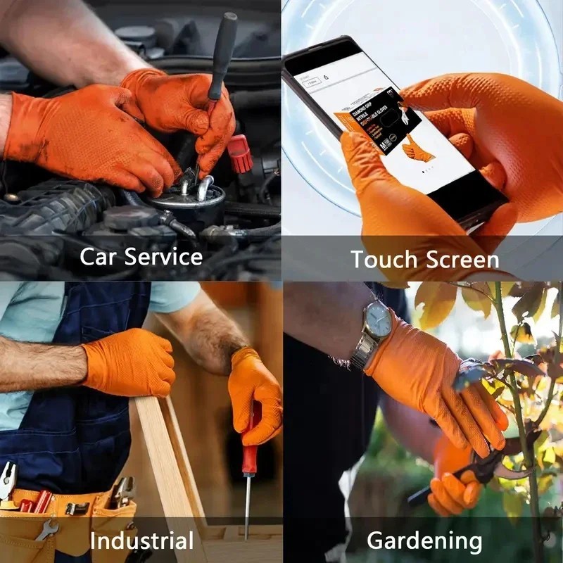 GLOVEWORKS HD Orange Nitrile Disposable Gloves Mil Raised Diamond Texture