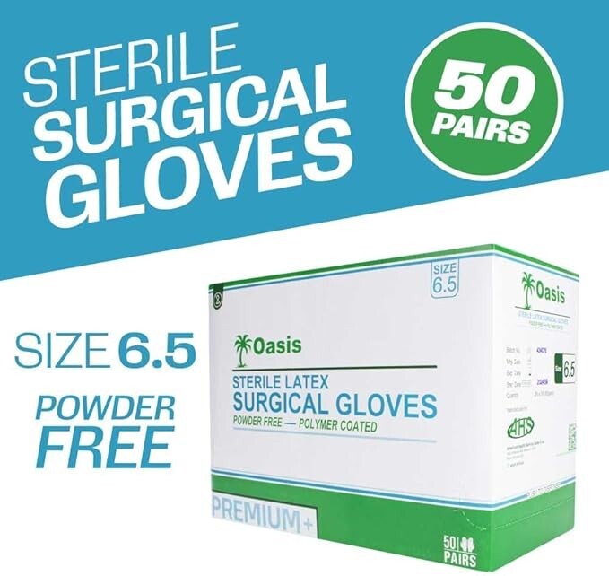 Sterile Latex Surgical Gloves, Size 6.5, Powder-Free, 50 Pairs/Box