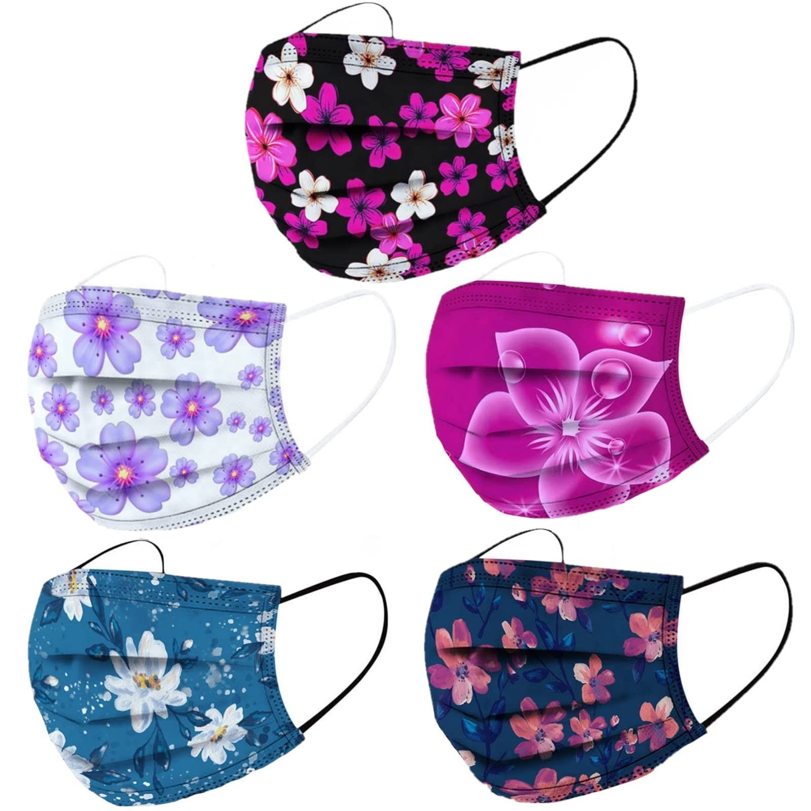 50Pcs Cute Floral Flower Disposable Face Cover with Designs for Women