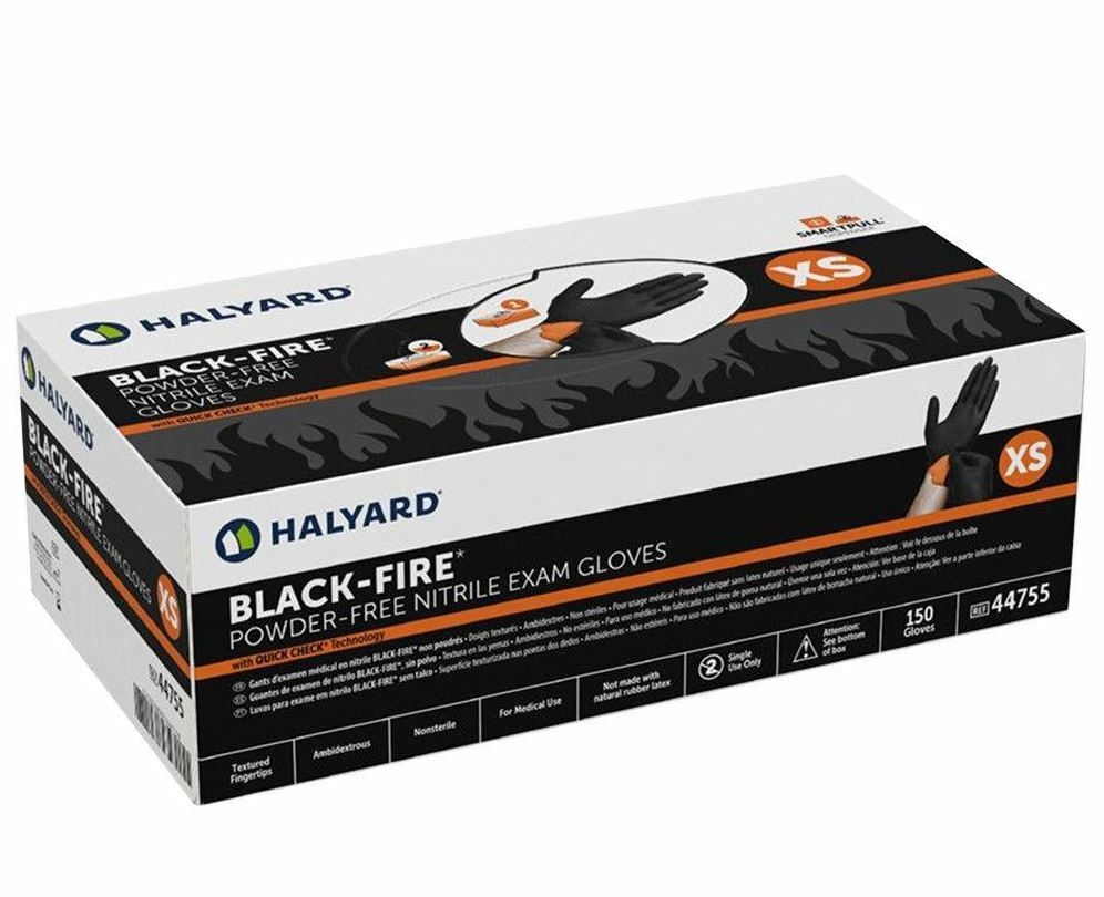 *150-Pieces* Halyard Black-Fire PF Nitrile Medical Exam Gloves X-Small 44755