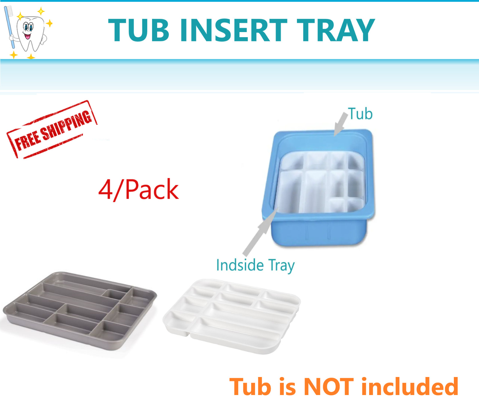 Dental Operation Tub Insert Trays, 11 3/8 x 9¼» x 1⅛» White, Blue, Beige, 4/Pack