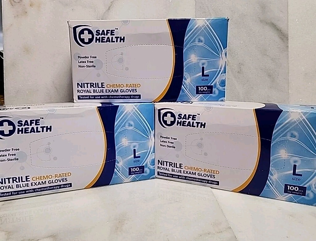 3 , Safe Health Exam Grade Nitrile Gloves Size LARGE, 100 Piece In Ea Box