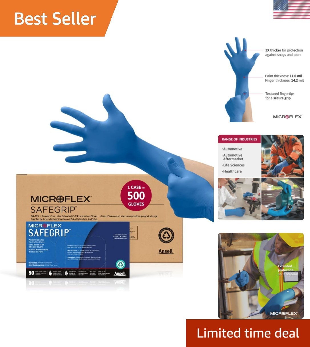 Microflex SafeGrip SG-375 Extra Thick Disposable Latex Gloves for Life Scienc…
