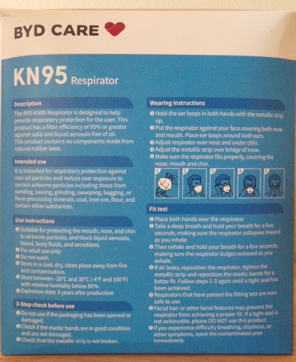 10 Boxes BYD KN95 Respirator, Total 200 Pieces, Foldable Safety Mask