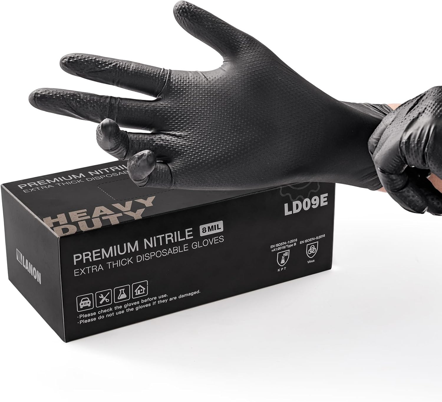 Heavy Duty Black Nitrile Gloves, Safe, Latex Free, Powder Free, Mechanic, Fully