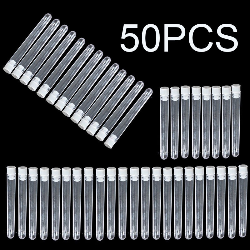 25/50pcs Plastic Test Tubes Vials with Caps & Pipe Rack Holder Stand 40/50 Holes