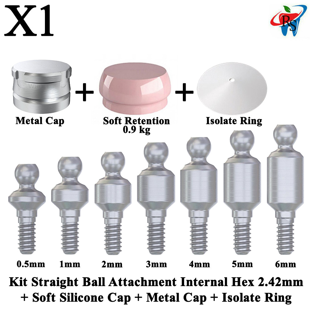 1x Kit Dental Straight Ball Attachment Soft Silicone Metal Cap Isolate Ring