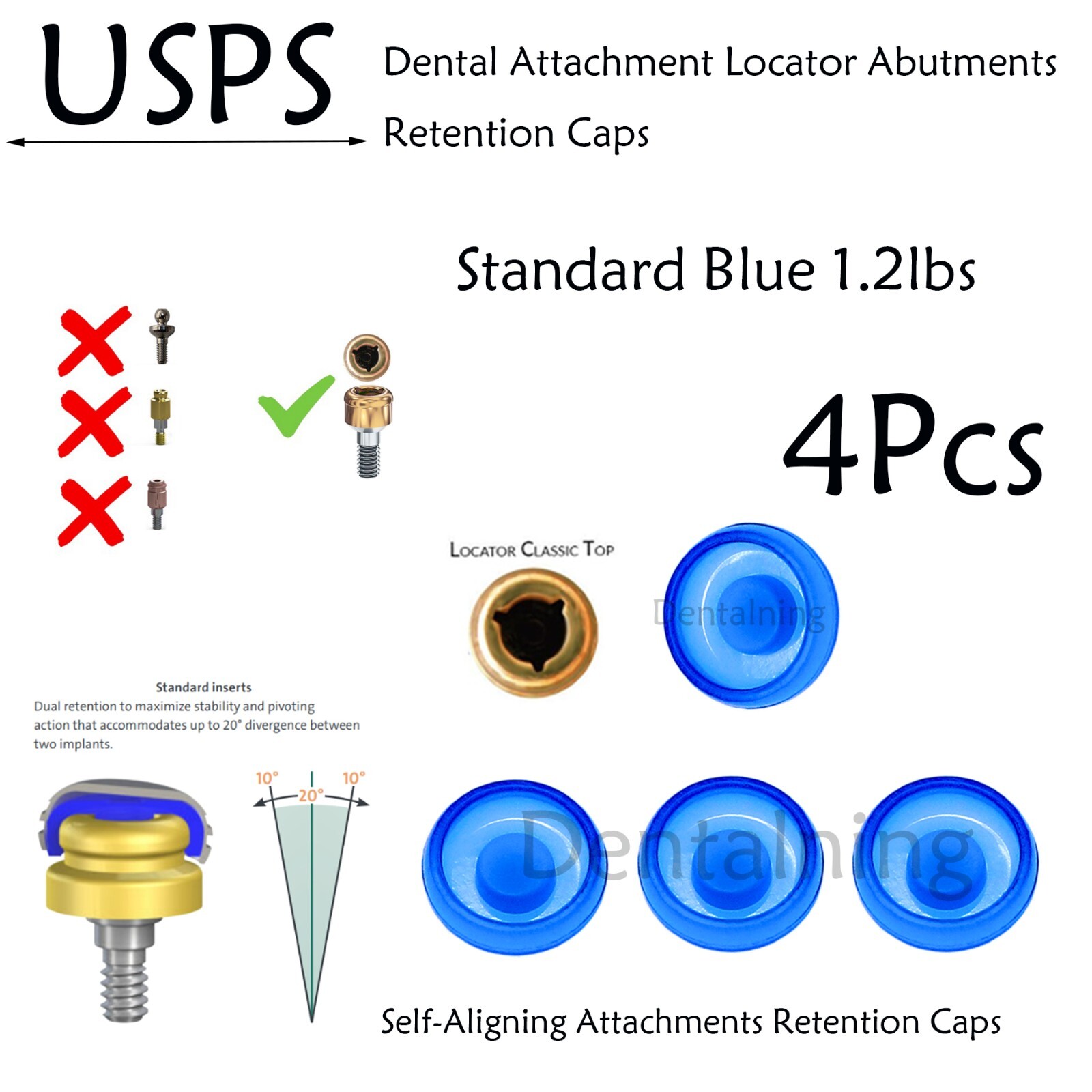 US Dental Attachment Locator Abutments Retention Caps Standard Blue 1.2lbs 4Pcs