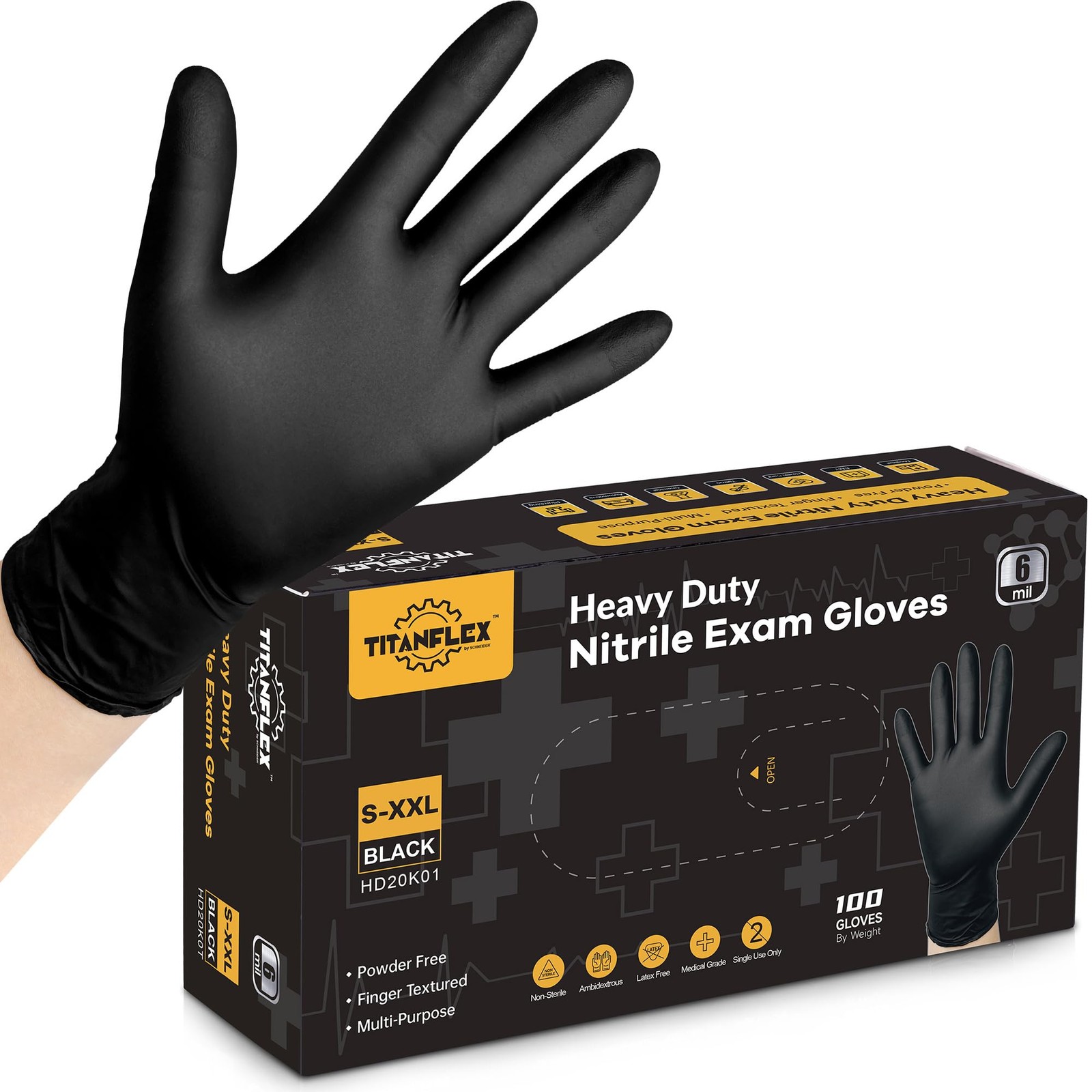 Black Nitrile Exam Gloves XL 100ct, 6-mil, Heavy Duty, Latex Free, Food Safe