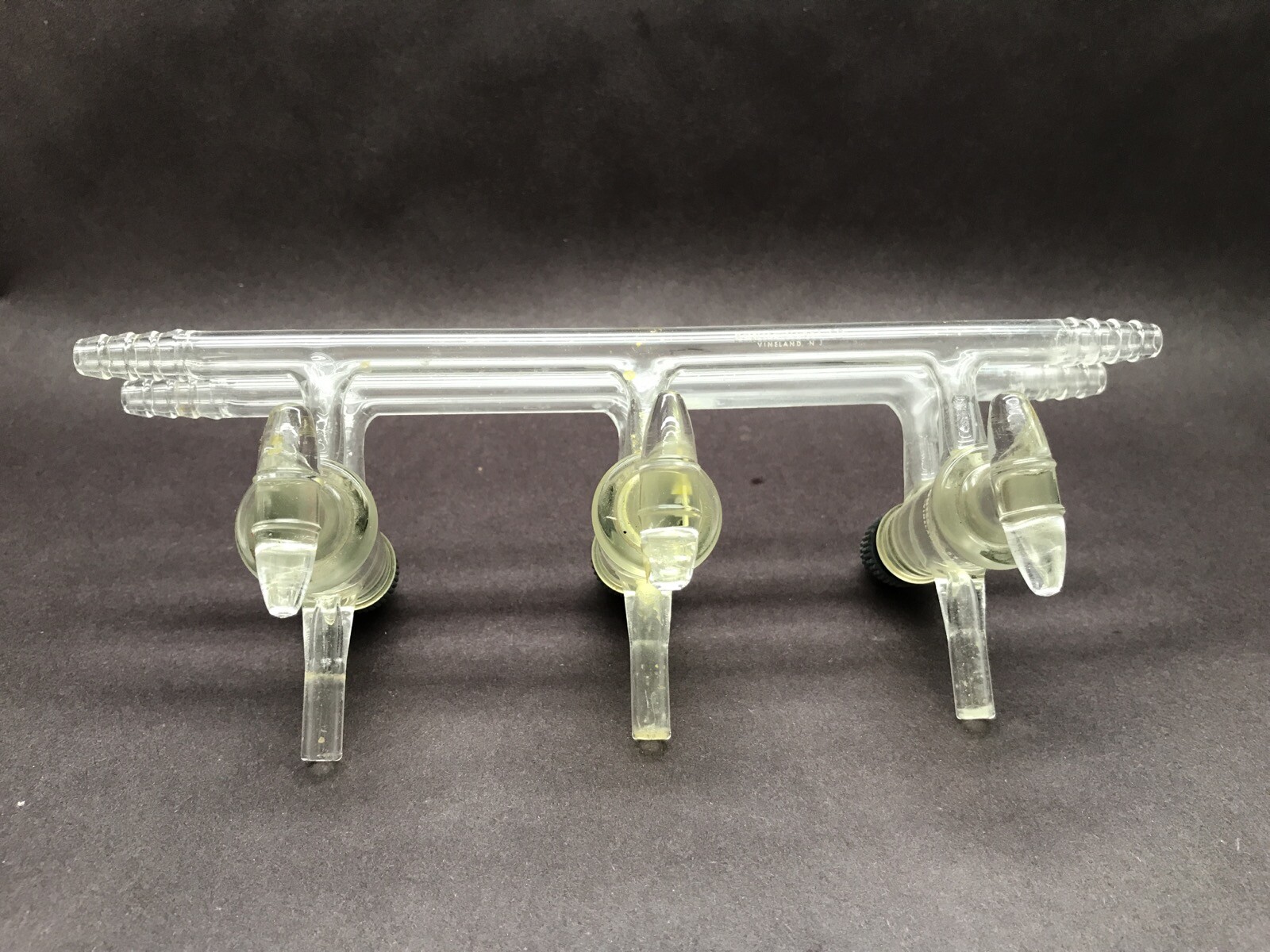 KONTES 3-Port Glass Double Gas Vacuum Manifold w/ 2mm Double Oblique Plugs HB