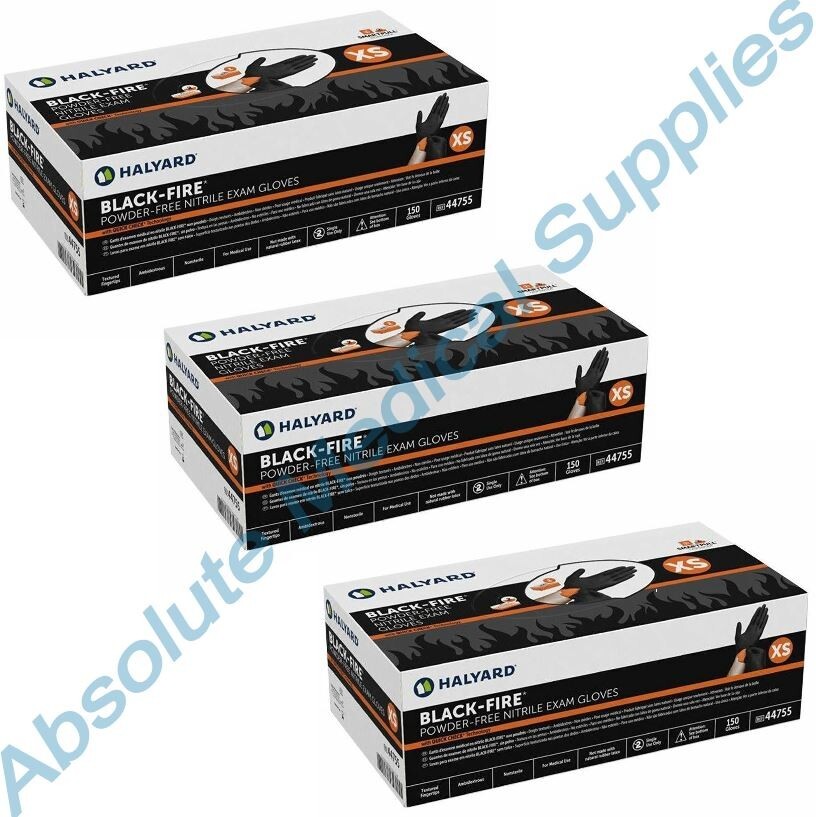 *450-Pieces* Halyard Black-Fire PF Nitrile Medical Exam Gloves X-Small 44755