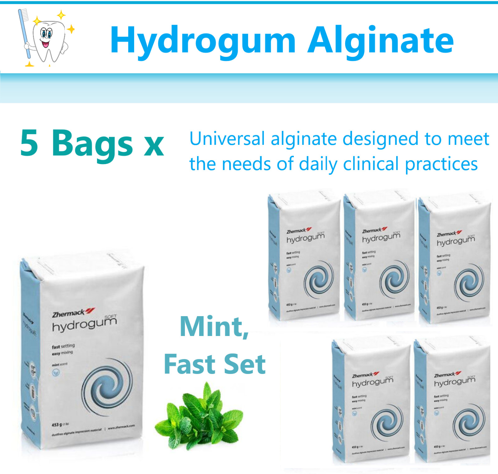 5 x Bags Dental Hydrogum VPS PVS Universal alginate Mint, Fast Set, 500g C302025