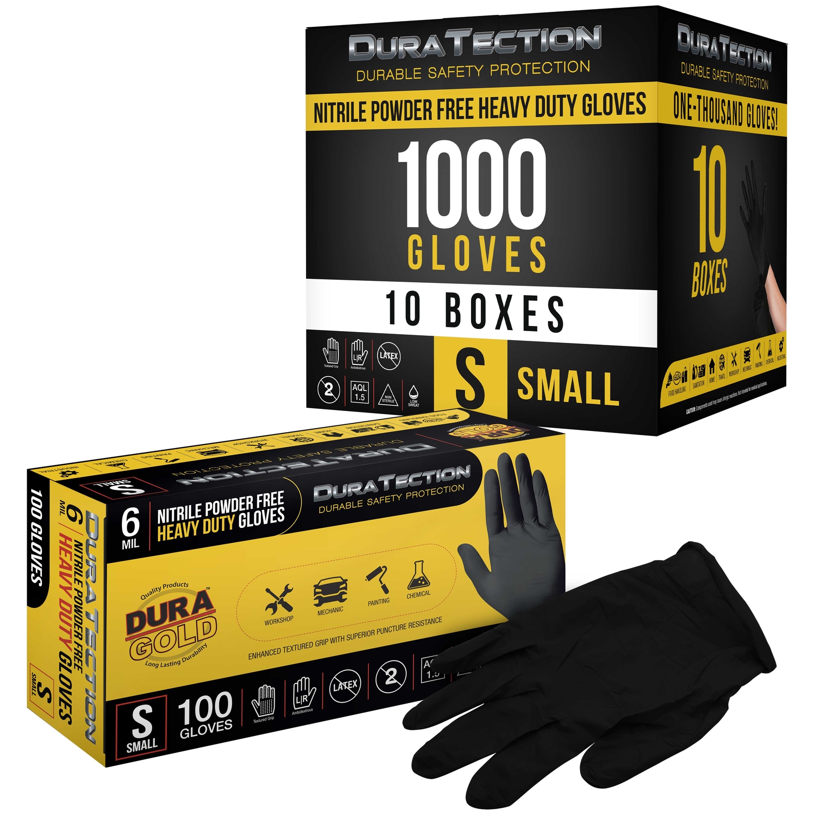 Dura-Gold HD Black Nitrile Disposable Gloves, 10 Boxes of 100, Small, 6 Mil