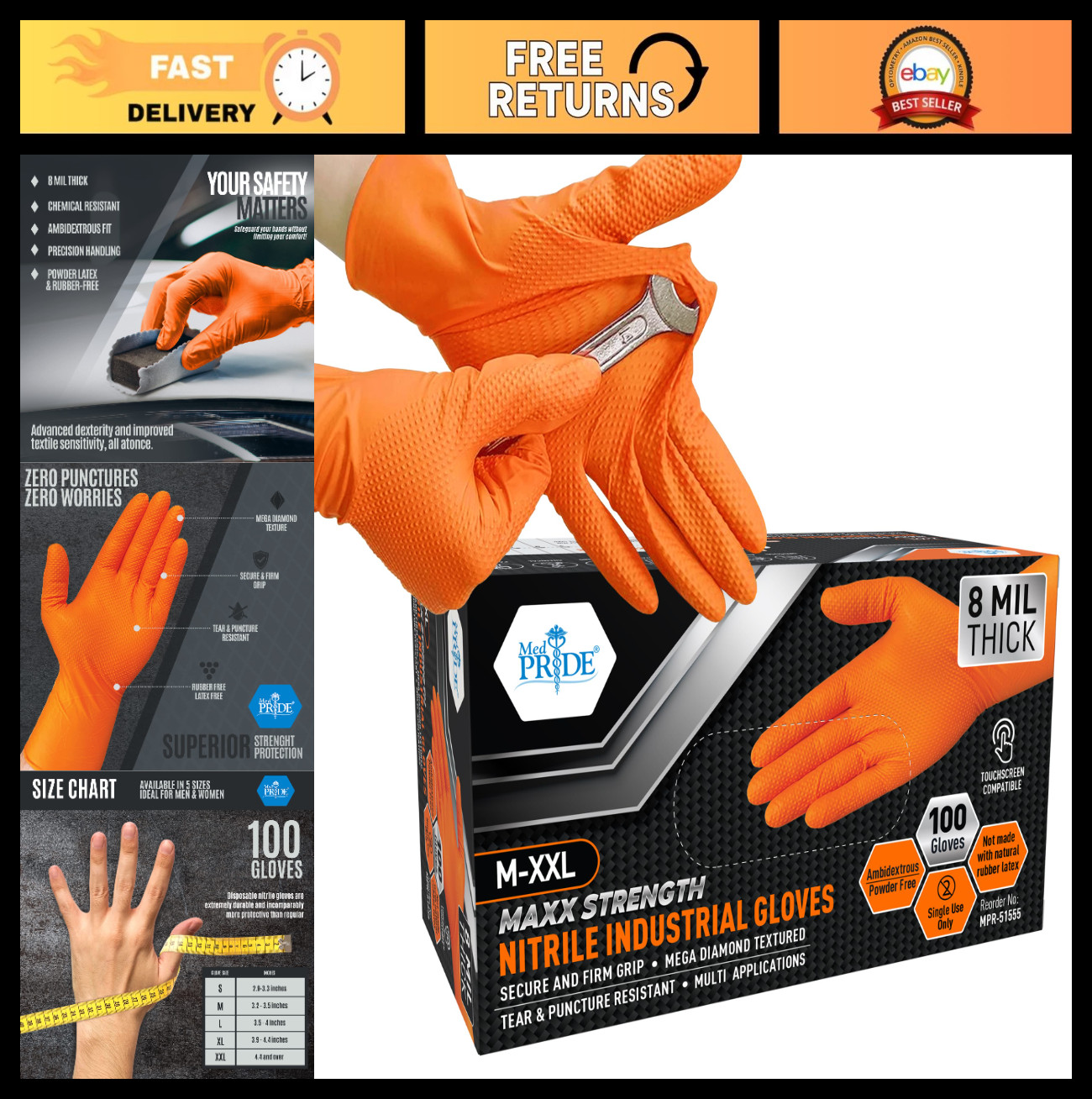 Maxx Strength Orange Nitrile Gloves – 8 Mil Thick, Heavy-Duty, Tear-Resistant, D