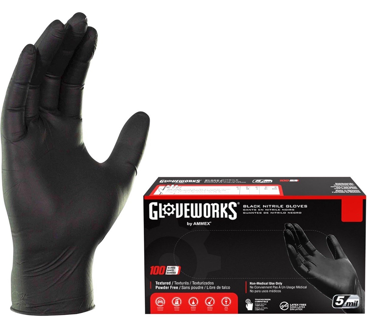 GloveWorks GPNB46100 Industrial Black Nitrile Gloves, 5 mil, Size L – 100 Count