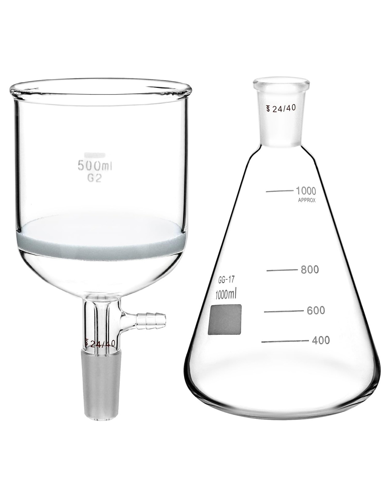 500ml Buchner Funnel & 1000ml Erlenmeyer Flask Set 24/40 Joint Lab Glassware Kit