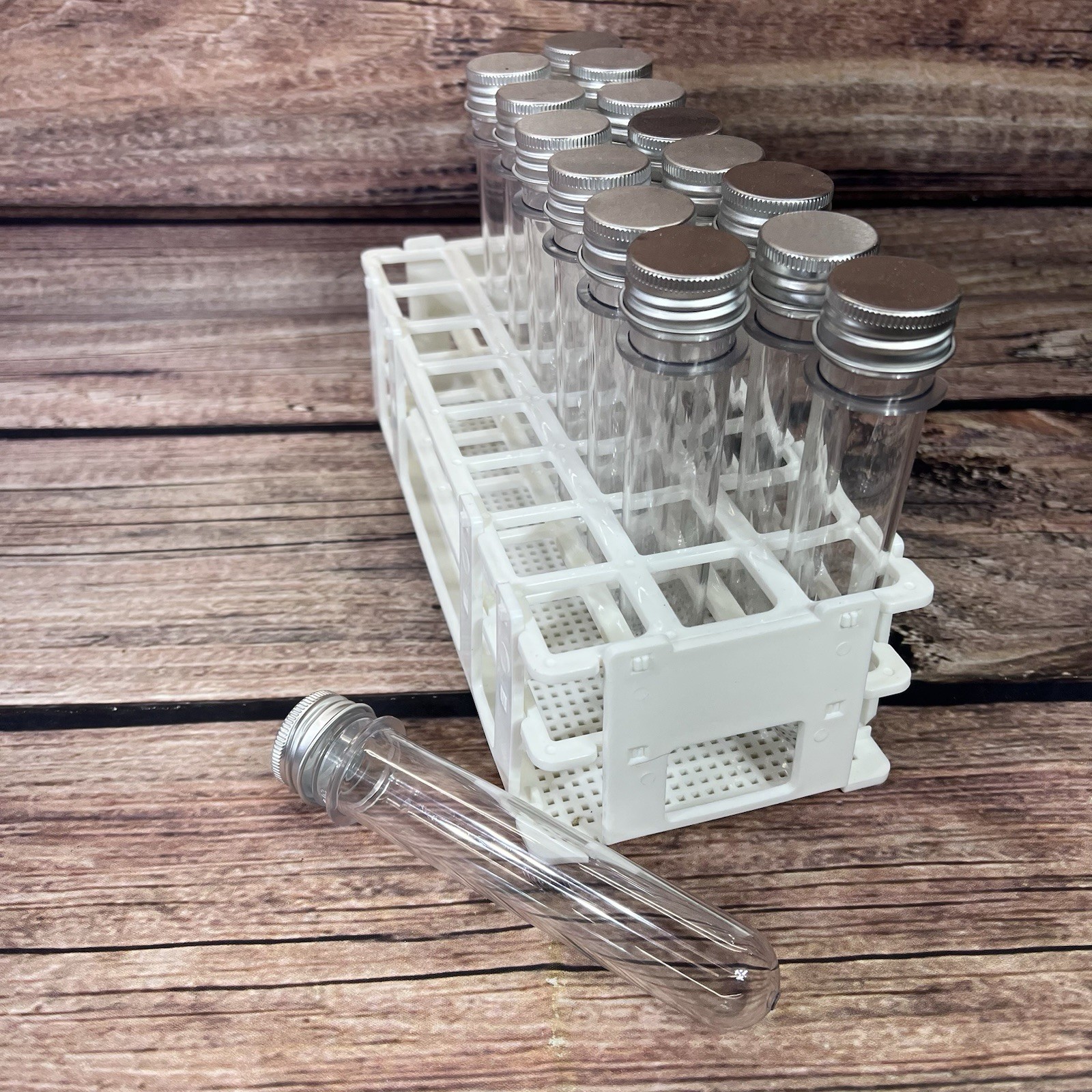 Qty 15 Plastic Test Tubes with Screw Caps With stand