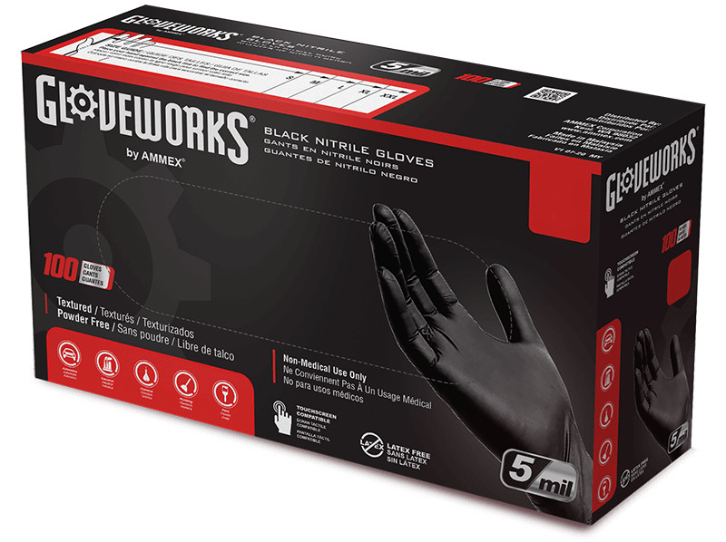 GLOVEWORKS by AMMEX 5 Mil Black Nitrile Gloves Size Medium