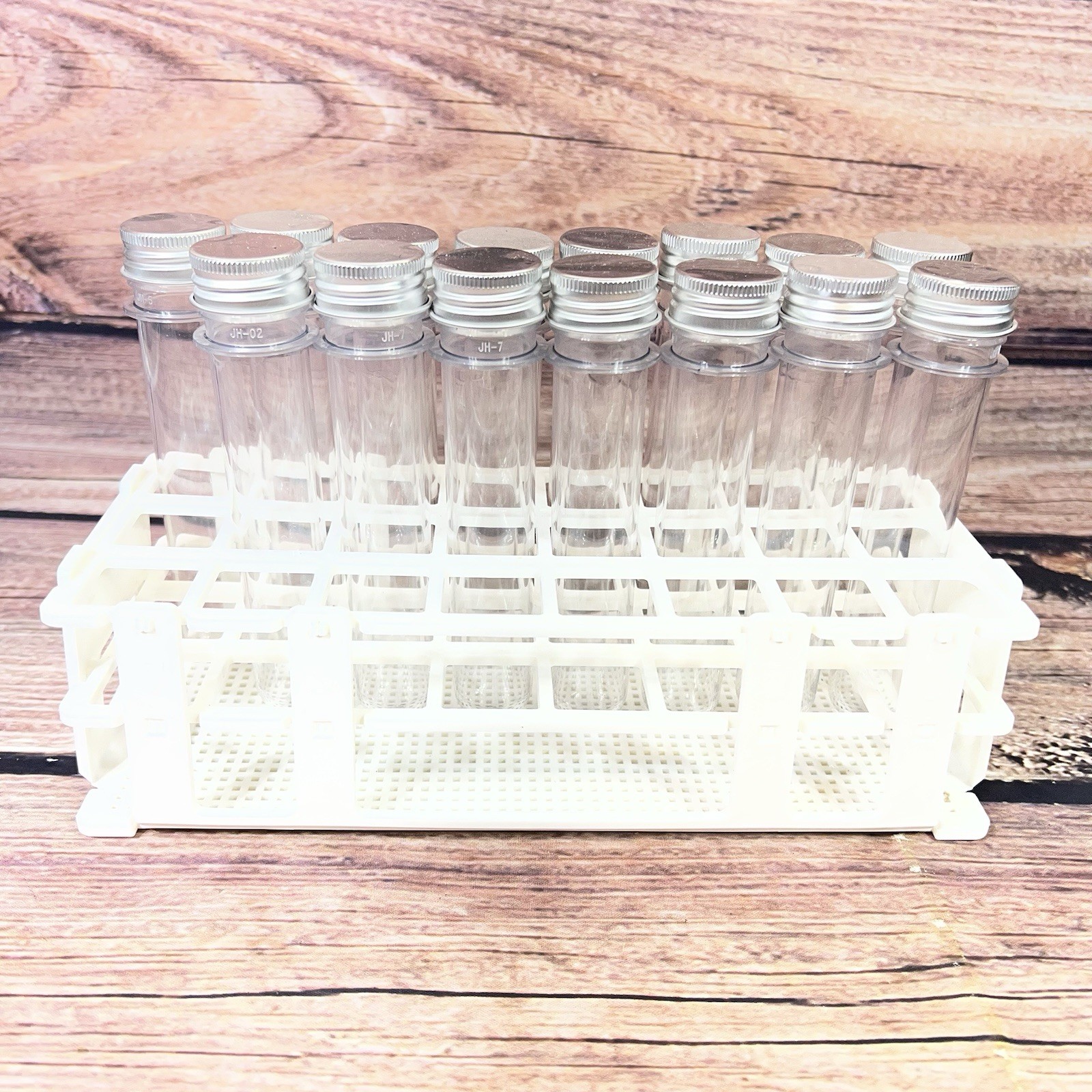Qty 15 Plastic Test Tubes with Screw Caps With stand