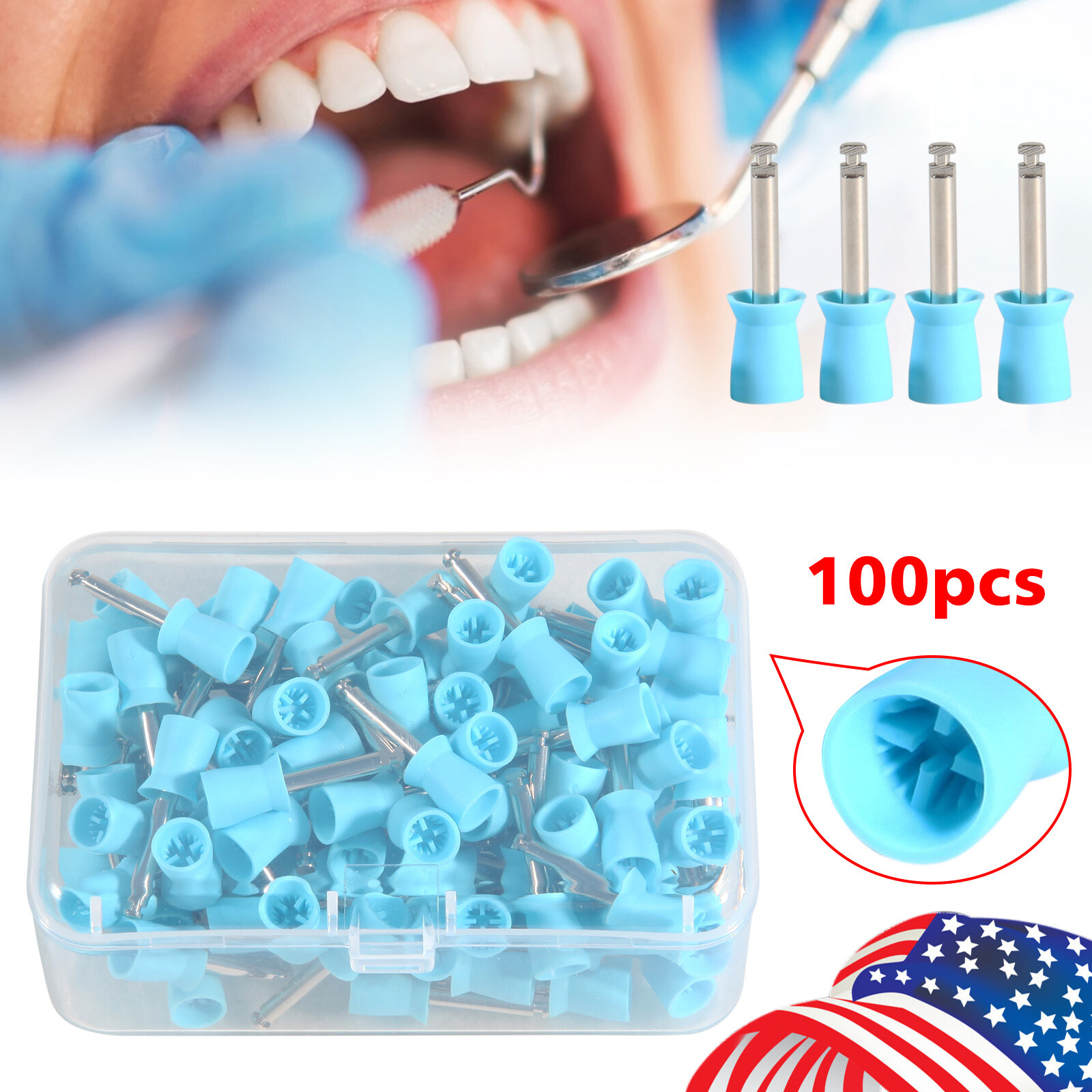 100Pcs Dental Rubber Prophy Cups Teeth Polish Polishing Latch Type Blue Kit USA