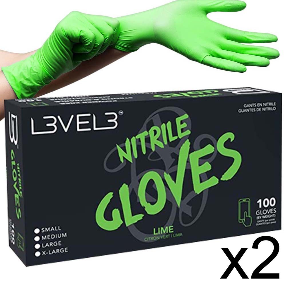 BARBER SALON L3VEL3 DISPOSABLE NITRILE GLOVES LIME GREEN 100 PC MEDIUM 2 PACK