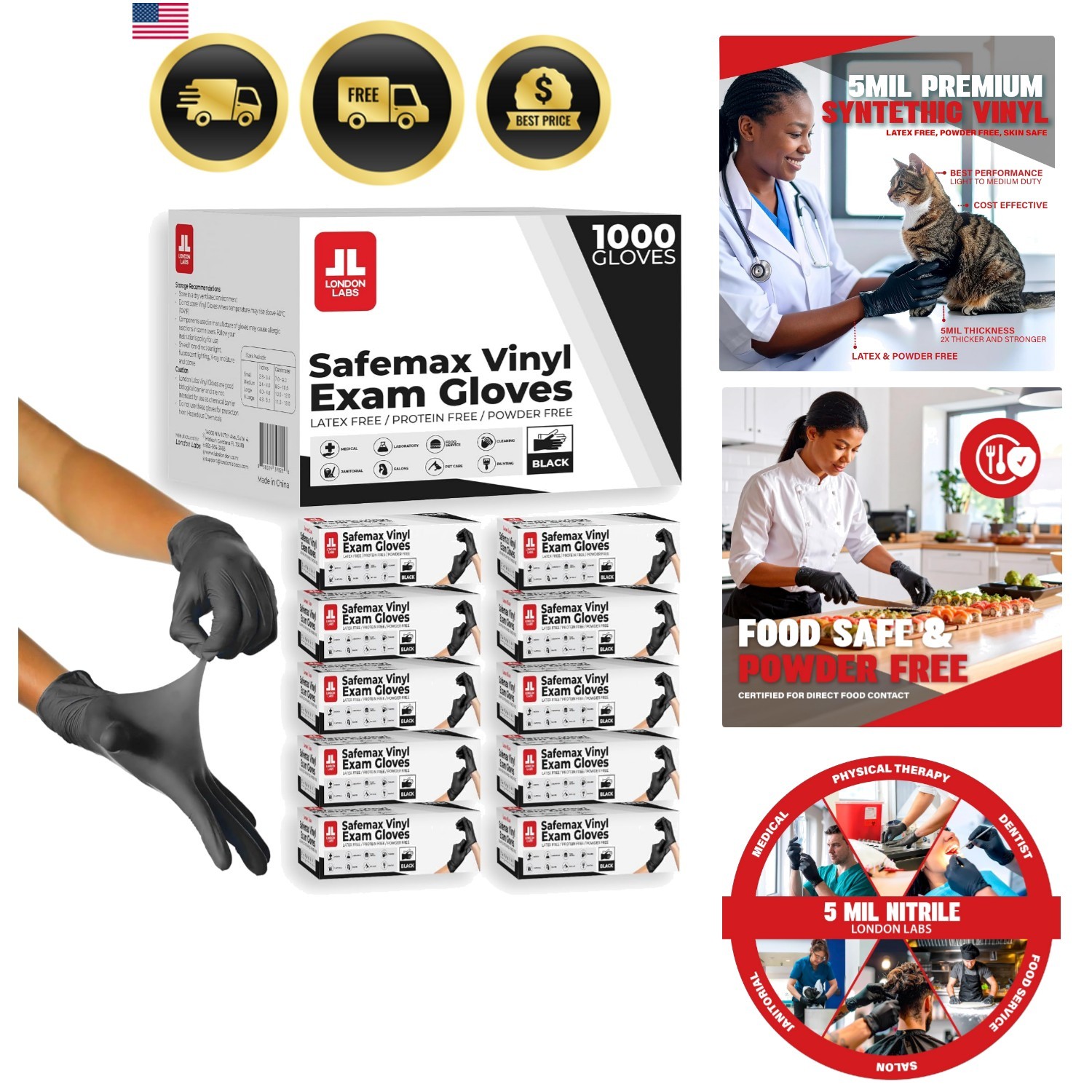 Black Synthetic Vinyl Exam Gloves Powder Free and Latex Free