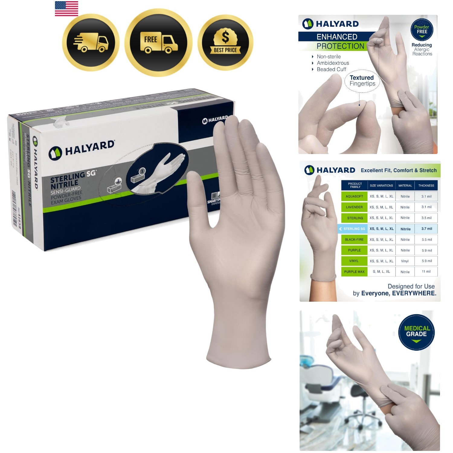 Sterling SG Nitrile Powder Free Exam Gloves Disposable 3.7 mil, 9.5 Inches, G…
