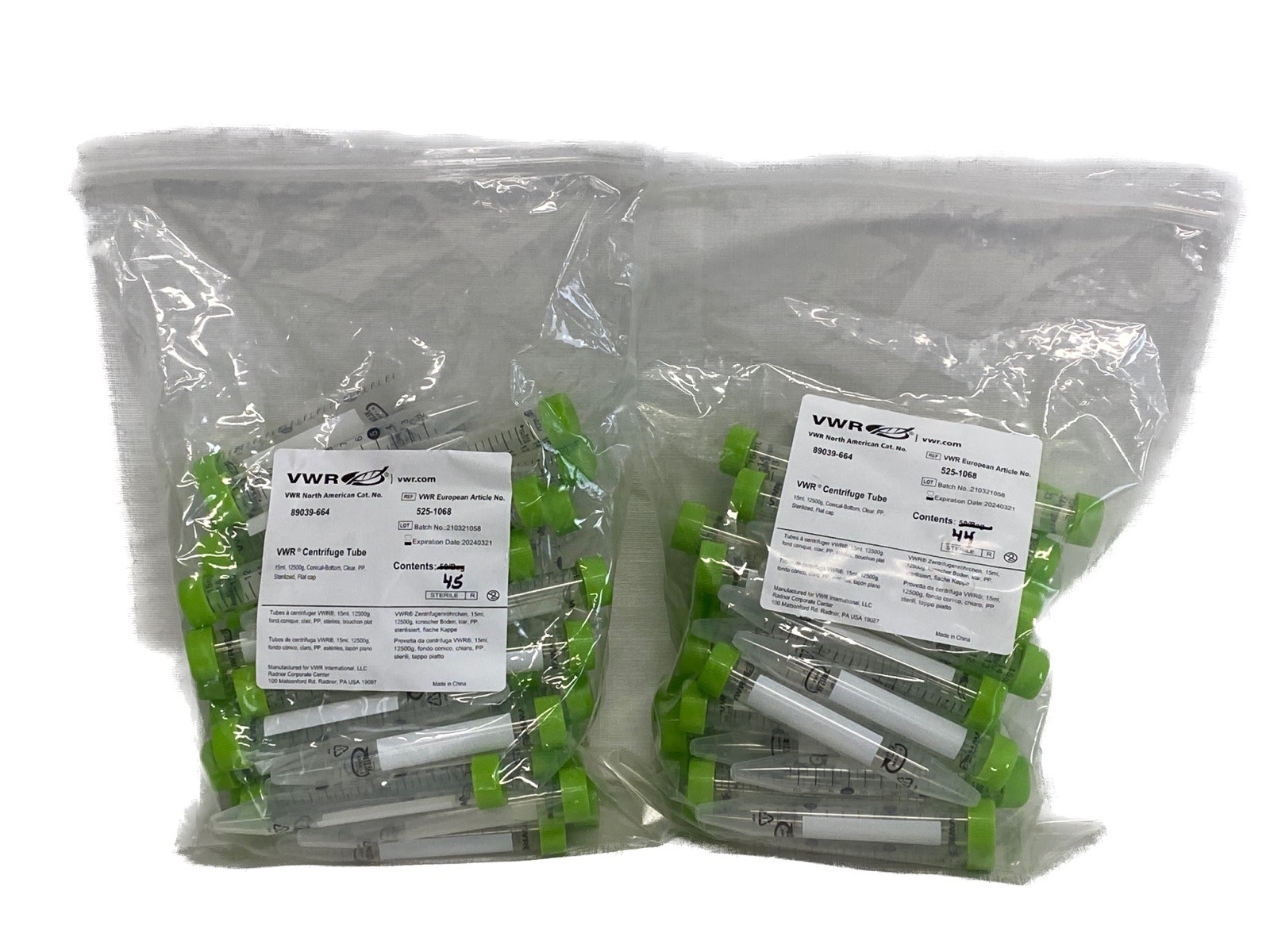 (89) VWR 15mL PP Graduated High Performance Centrifuge Tubes w/Caps 89039-664