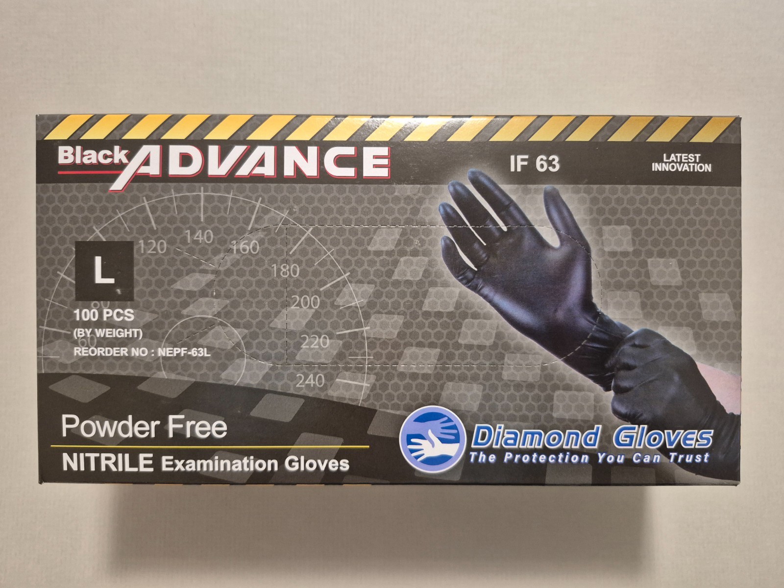 Black Advance Nitrile 6mil Thickness Gloves Powder Free, Box of 100, Size Large
