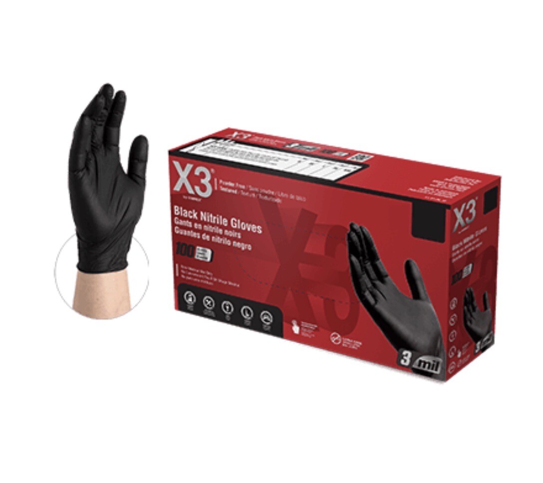 X3 Black 3 Mil Nitrile PF Industrial Gloves – Case of 1000 Gloves/10 Boxes