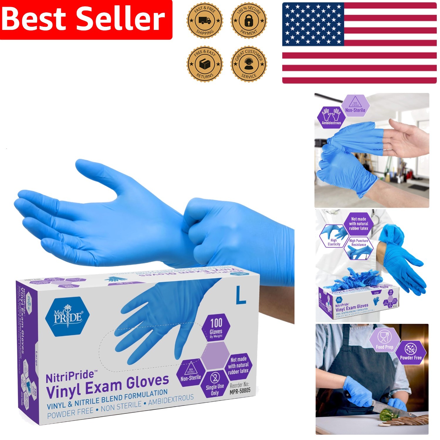Blue Nitrile Vinyl Blend Exam Gloves Large 100ct Powder-Free Disposable