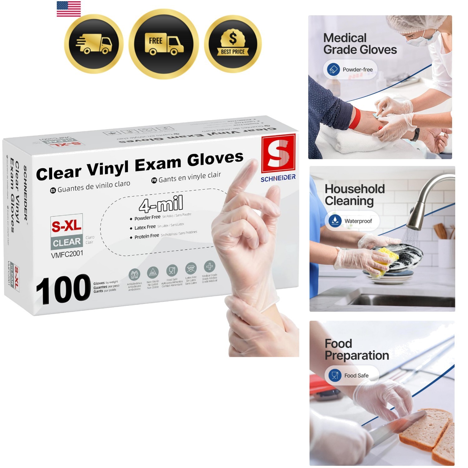 Clear Vinyl Exam Gloves, Latex-Free, Disposable Medical Gloves, Cleaning Glov…