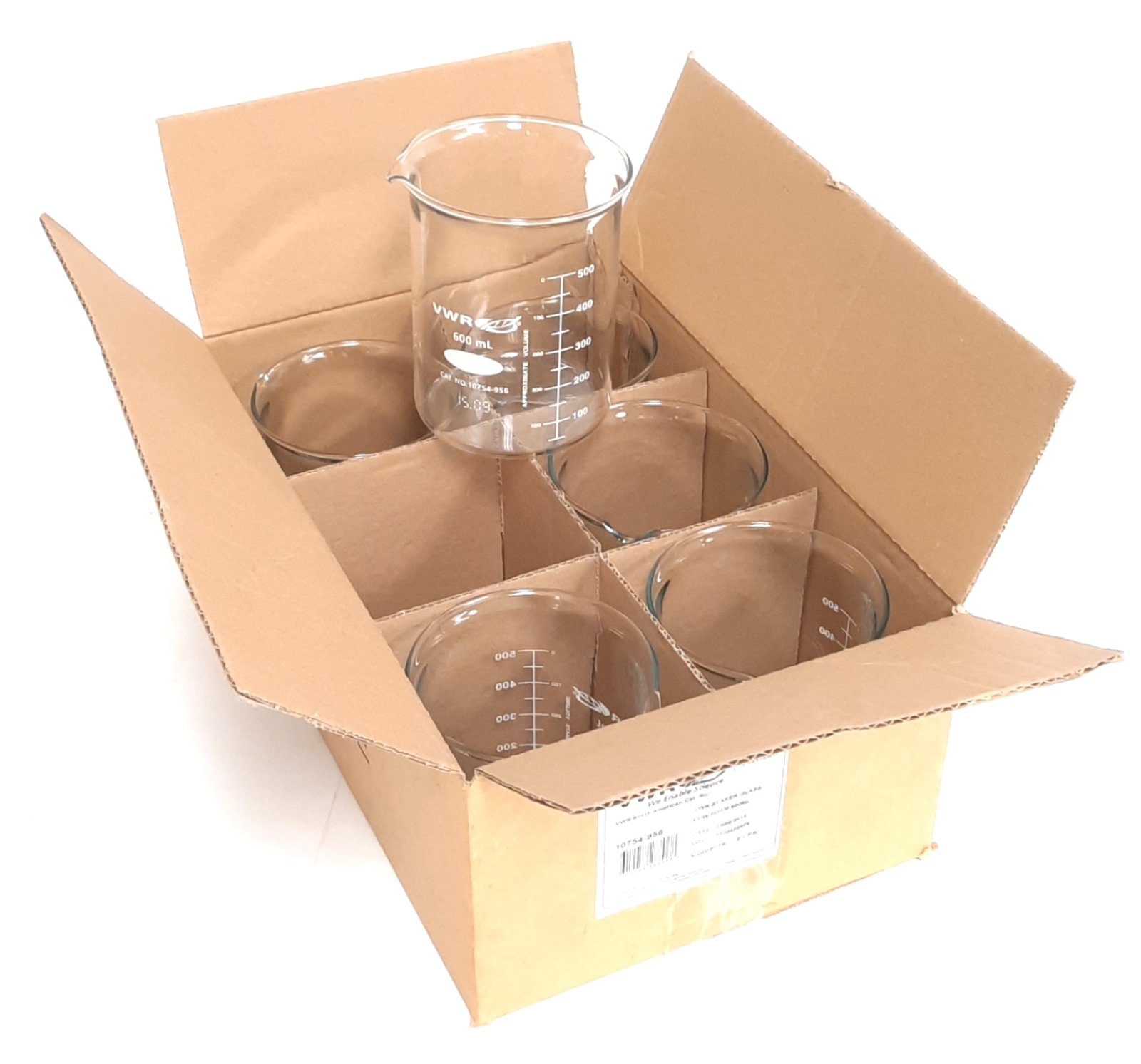 Lot of 6 VWR 10754-956 Low Form Glass Beakers, 20oz/600ml, 50-500ml Graduation