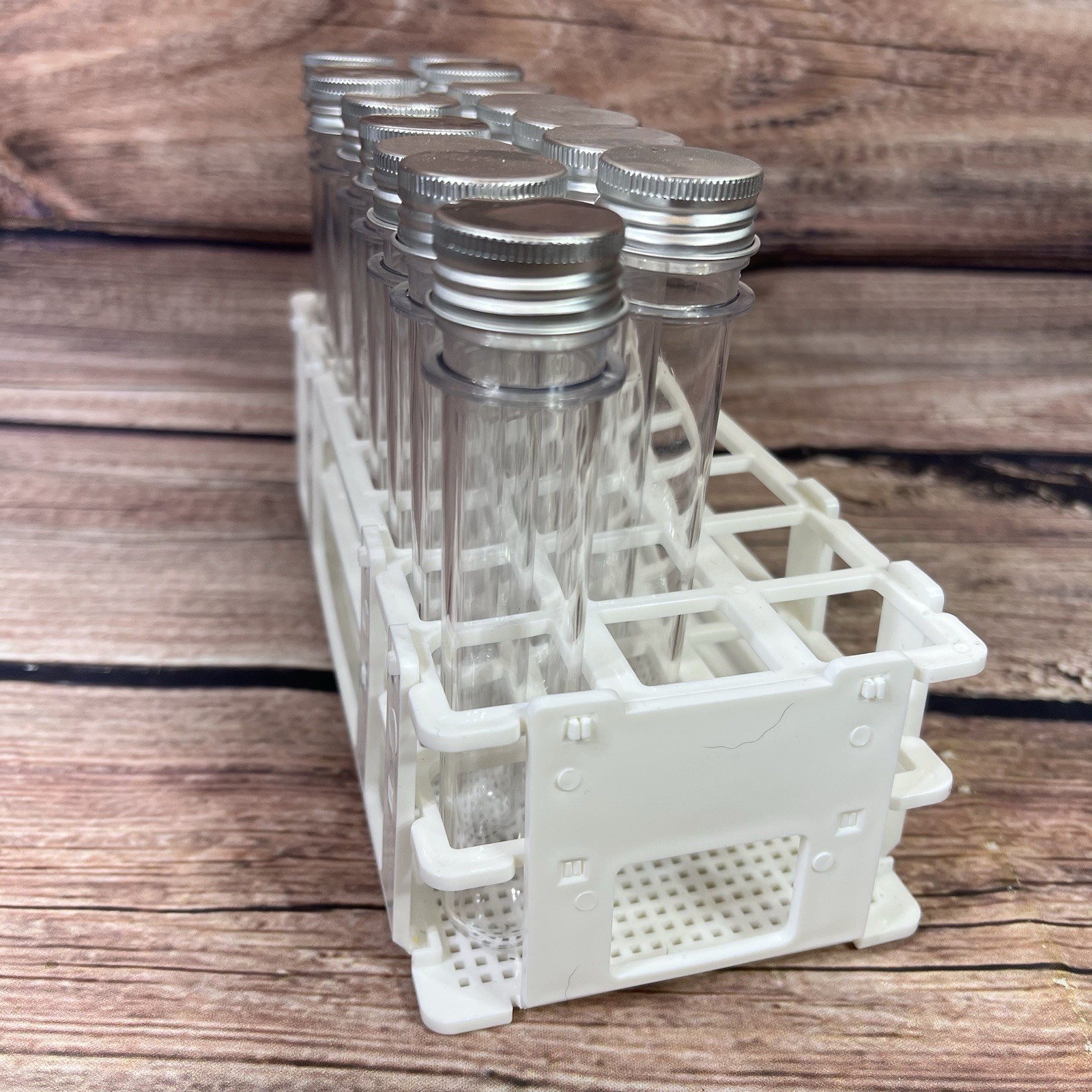 Qty 15 Plastic Test Tubes with Screw Caps With stand