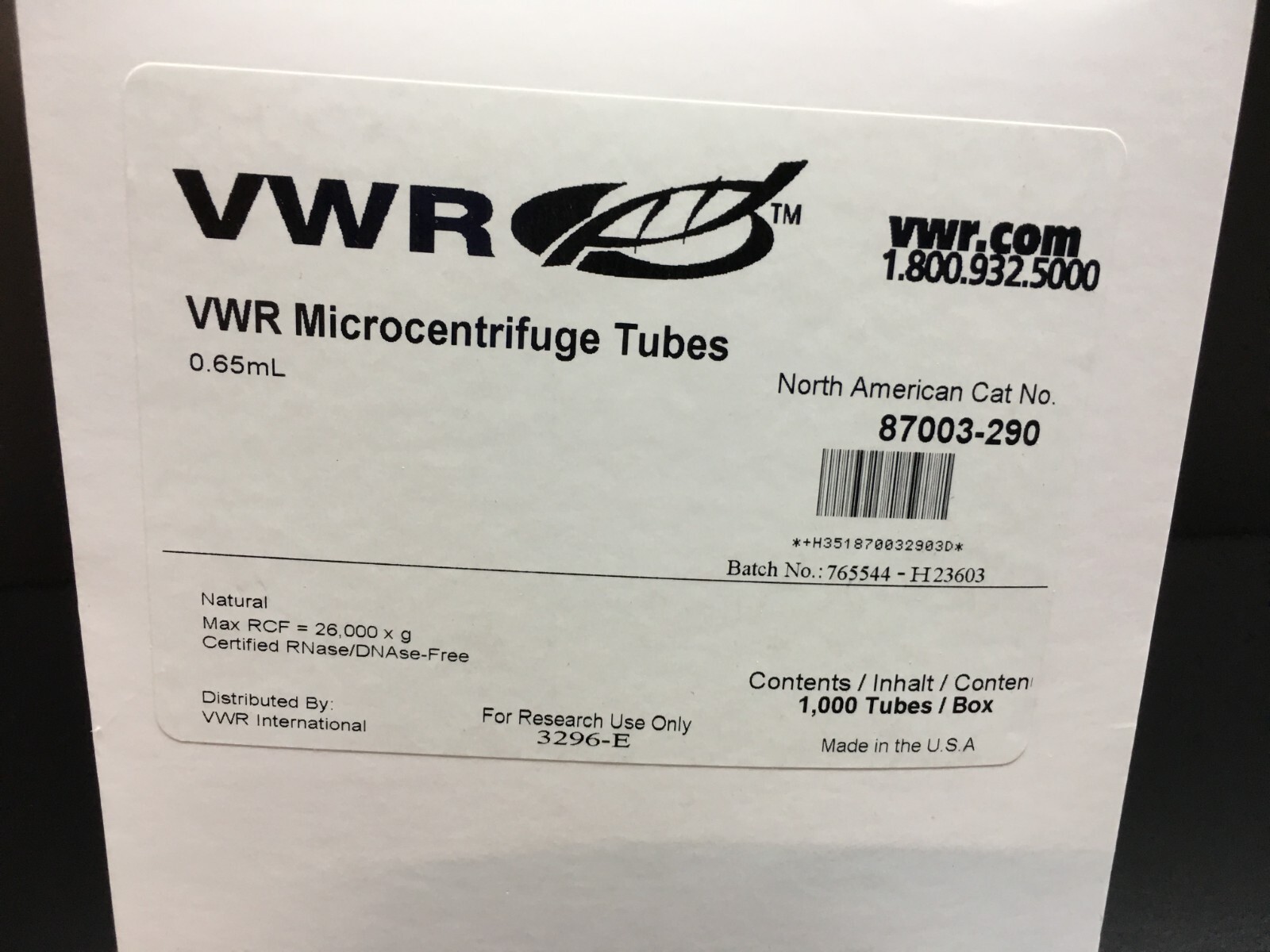 VWR Cat No 87003-290 Microcentrifuge Tubes 0.65mL