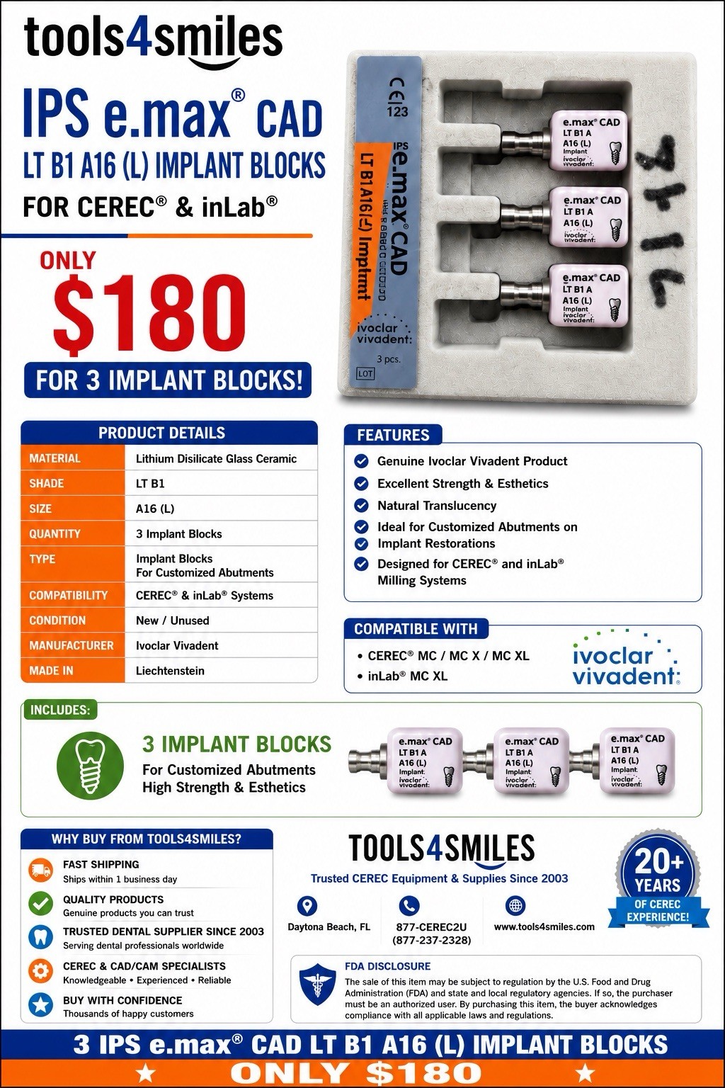 CEREC IPS Emax Cad Implant Blocks LT B1 / A16 (L) – 3 Blocks