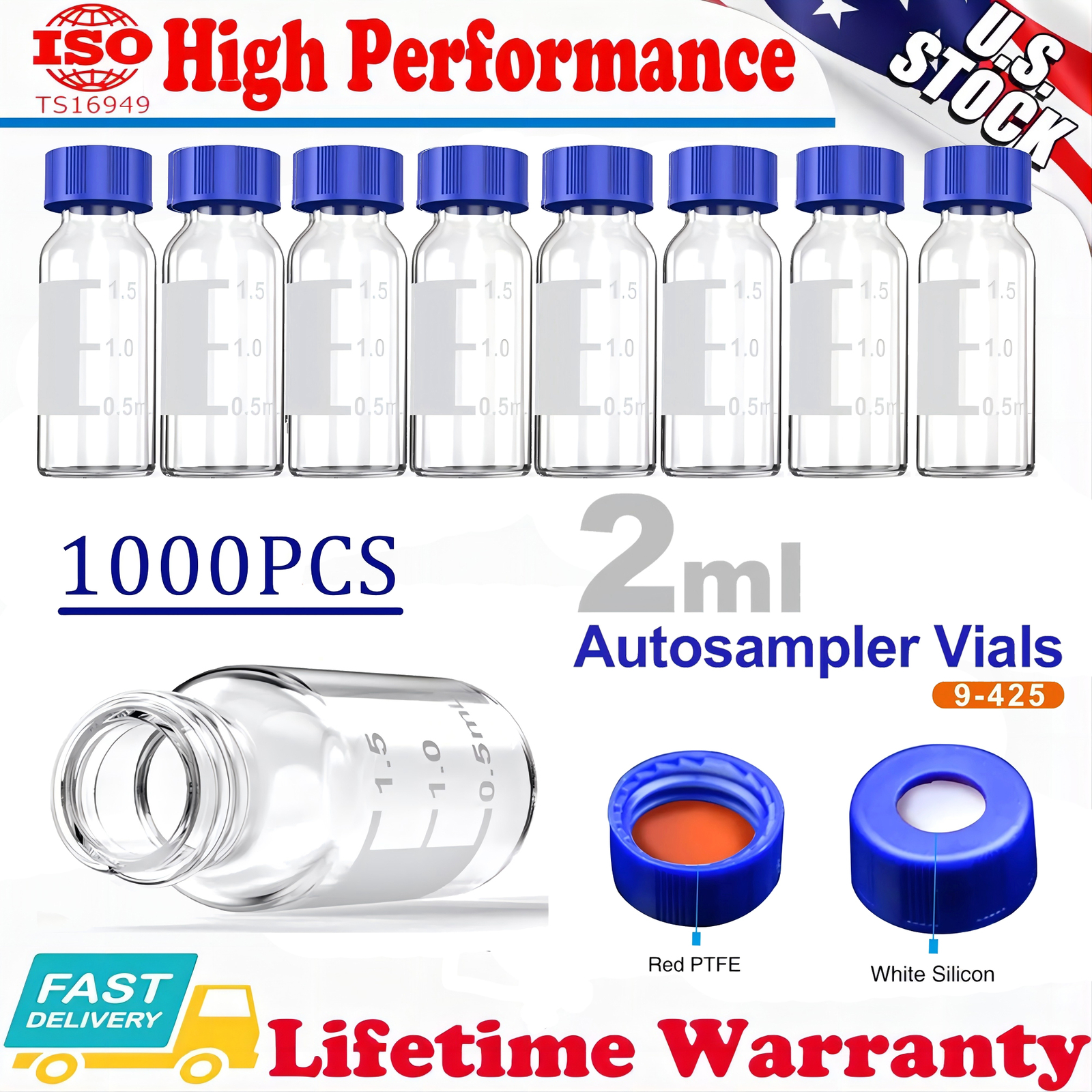 1000pcs 2ml Autosampler Vials+9-425 Caps Clear Glass Bottle Screw Thread Top USA